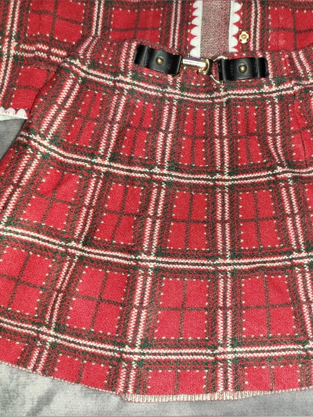 Max Studio Red Plaid Knit Skirt and Jacket Set with White Trim With Bow